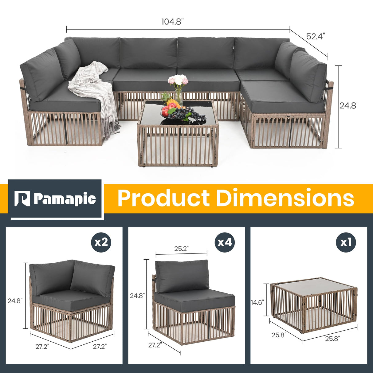 Pamapic 7-Piece Outdoor Sectional Sofa Set, All-Weather PE Rattan Patio Furniture with Washable Cushions Covers, Gray Cushions and Brown Rattan, Dark Gray Pamapic