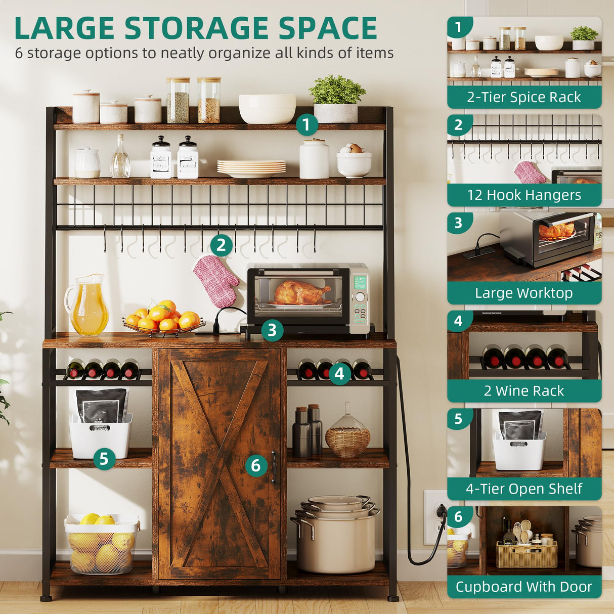 YITAHOME Large Bakers Rack with Power Outlet and Storage Cabinet, 47 Inch Farmhouse Coffee Bar Cabinet, Kitchen Microwave Stand with Wine Shelves and 12 Hooks, Rustic Brown YITAHOME