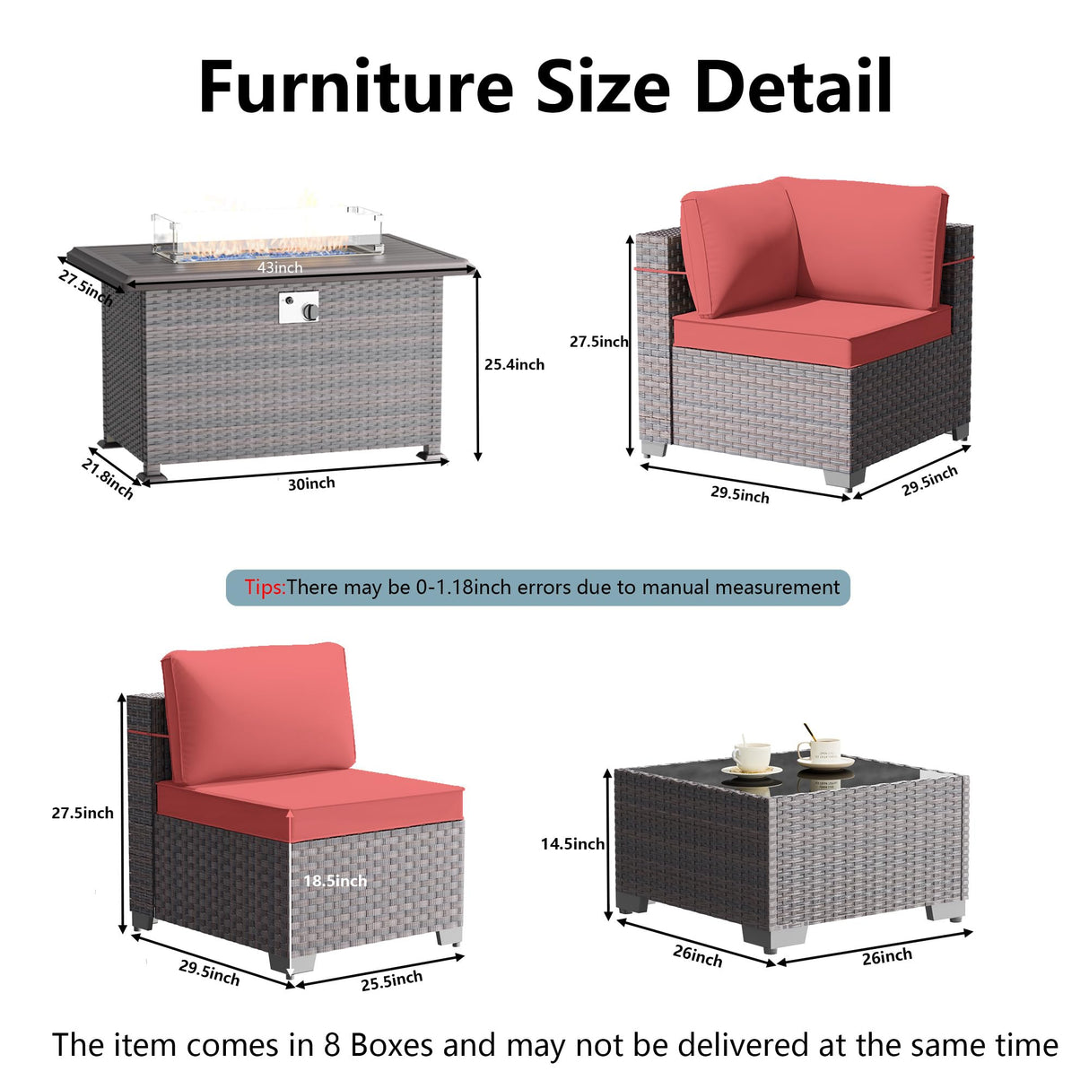 RTDTD Outdoor Patio Furniture Set with Propane Fire Pit Table, 15 Pieces Outdoor Furniture Patio Sectional Sofa Conversation Sets w/ETL Approved 43" Gas Outdoor Fire Table & Coffee Table(Red) RTDTD