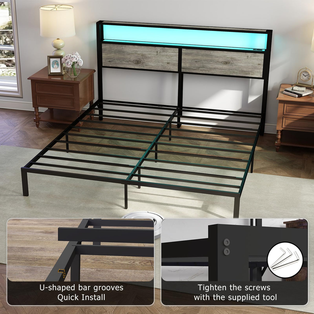 King Size Bed Frame with Headboard, Metal Platform Bed Frame with LED Lights & Charging Station, Under Bed Storage, Solid and Stable, No Box Spring Needed, Noise Free, Easy Assembly, Rustic Grey RVONOW