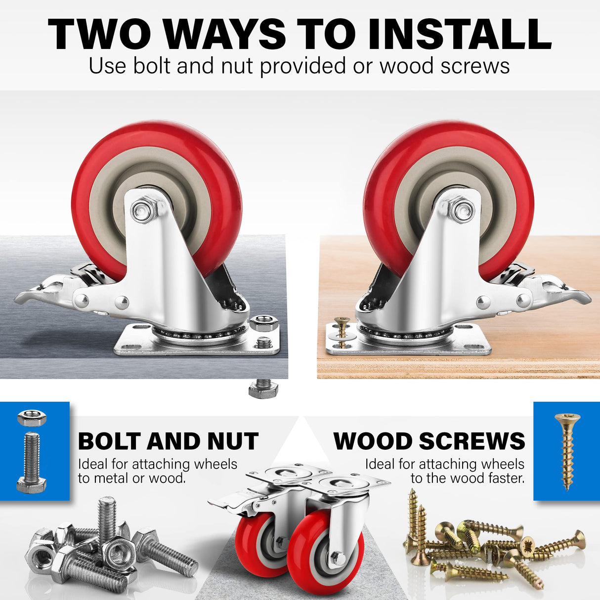 Castrek 4 Inch Caster Wheels Heavy Duty Casters Set of 4 (2200lbs Load Capacity) Lockable Cart Wheels with Brakes, 360 Degree Rotatable - Ideal Caster for Cart, Furniture and Workbench (4 x Brakes) Castrek