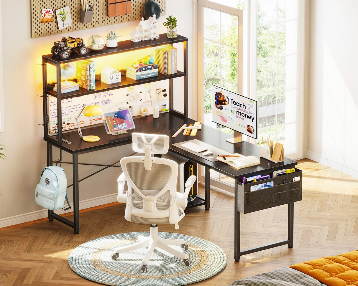 AODK L Shaped Desk Gaming Desk with LED Light & Power Outlet, 53 Inch Reversible L Shaped Computer Desk with Shelf, Corner Desk with Storage Bag&Hook for Home Office Desk, Black AODK