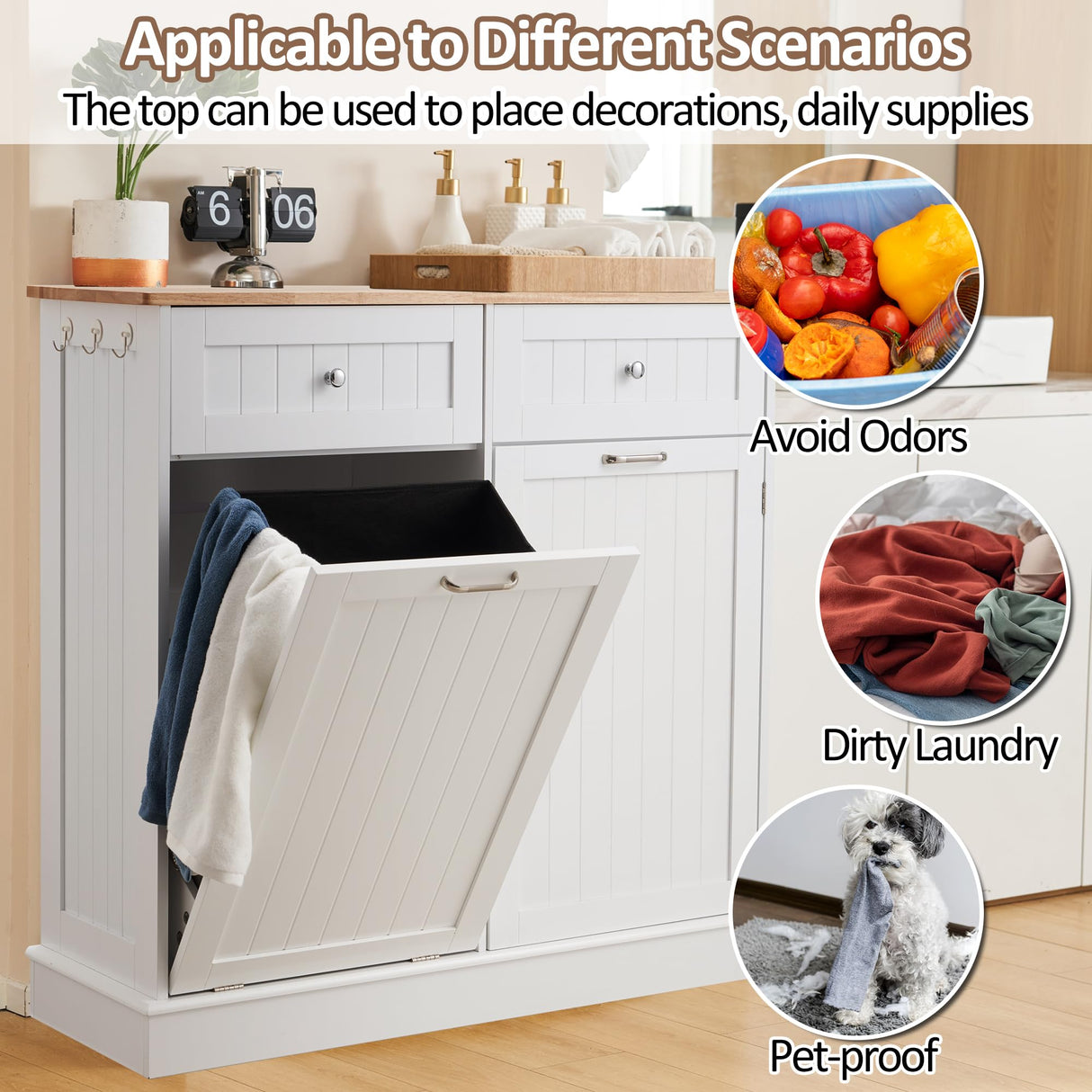 AHB 13 Gallons Tilt Out Trash Cabinet Kitchen Trash Bin Cabinet Free Standing Recycling Trash Can Cabinet with Hideaway Drawers Pet Proof Trash Can Holder for Kitchen Living Room, White AHB