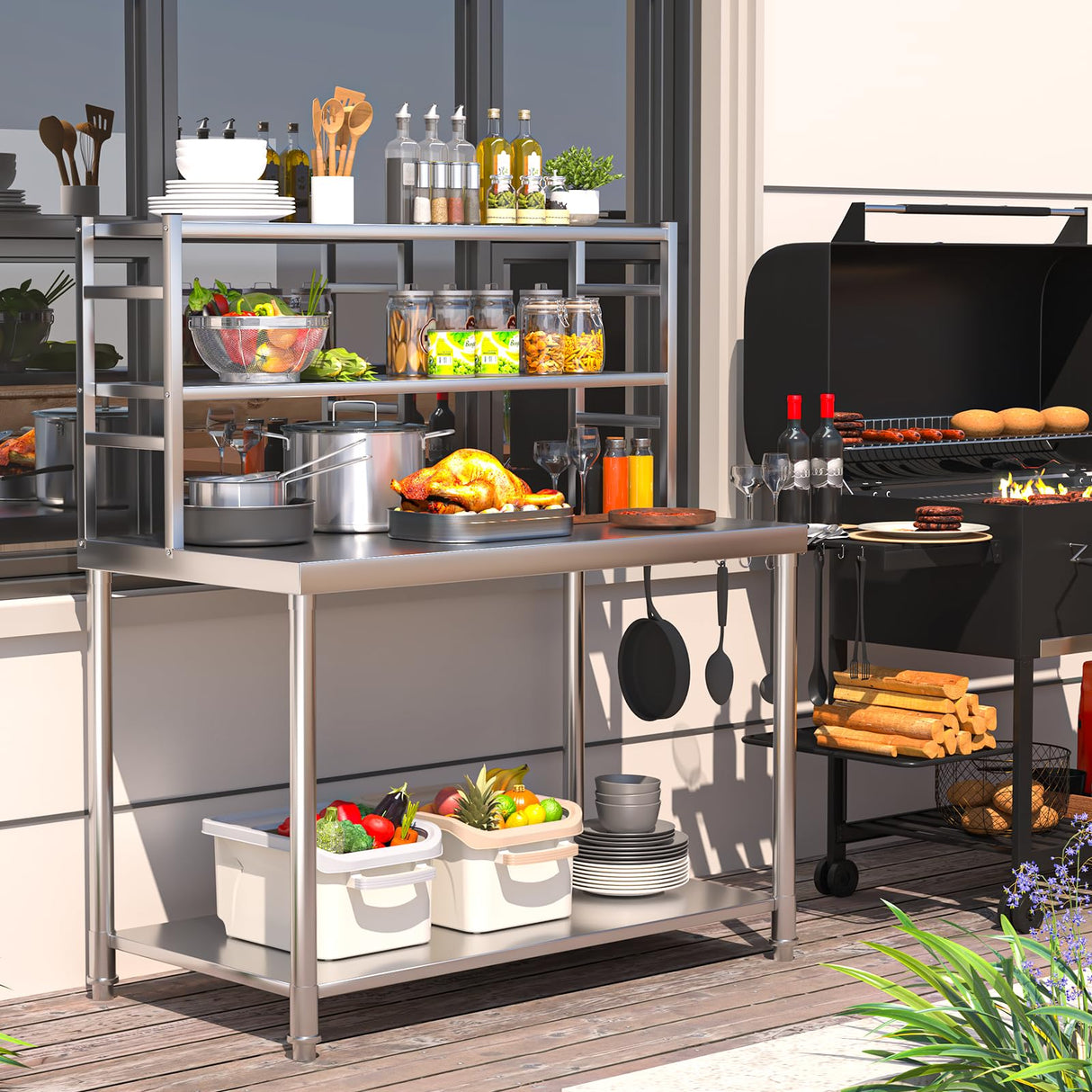 JFHID Stainless Steel Table with Overshelves 48"x24" with 2 Adjustable Tier Shelves Commercial Kitchen Prep Table Countertop Metal Work Table Workbench for Garage Home Restaurant Warehouse JFHID