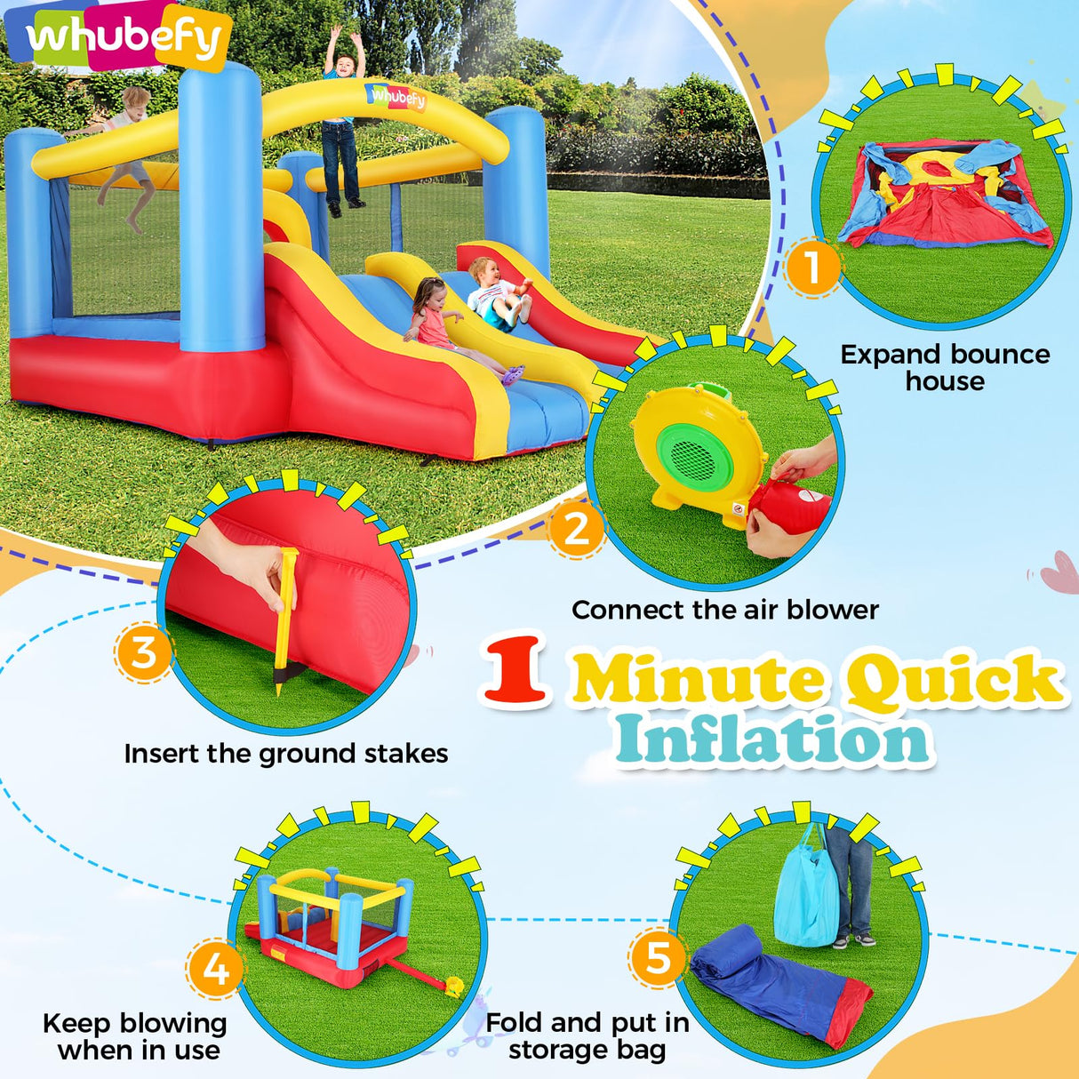 Whubefy Bounce House for Kids 3-10, 12.6FTx9FT Inflatable Bounce House with Blower for Big Kids 8-12 3-6 Double Slide Obstacle, Indoor Outdoor Blow up Bouncy Castle Jump House for Family Backyard Fun Whubefy