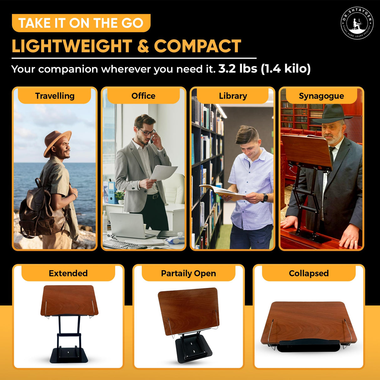 Dr. Shtaygen Reading Stand Book Holder for Desk, Counter, Table - Ergonomic Adjustable Height to 17.8", Lightweight Aluminum & Oak, Strong & Stable, Spacious 13" x 8.7" Platform for Tablet, Laptop Dr. Shtaygen