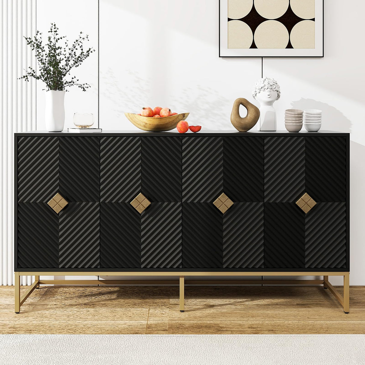 YHAOWORKS Sideboard Buffet Cabinet with Storage - Accent Storage Cabinet with Doors, Wood 4 Doors Cabinet with Metal Legs, 60" Buffets & Sideboards, Modern Credenza for Living Room (Black) YHAOWORKS