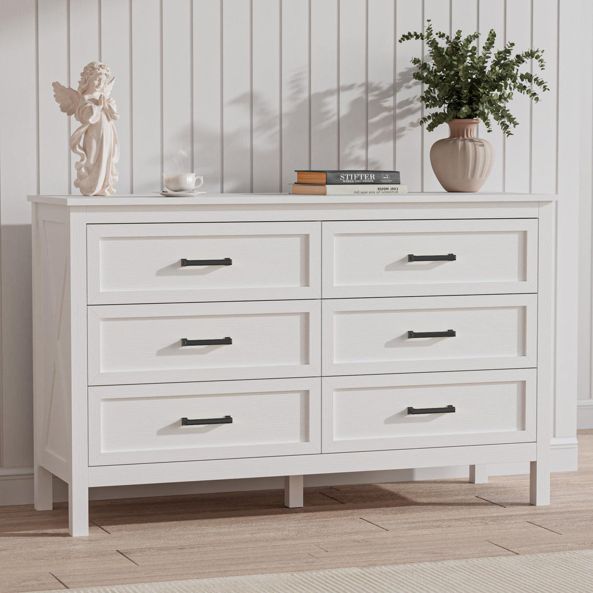LYNSOM Farmhouse 6 Drawers Dresser for Bedroom, Wood Rustic Wide Chest of Drawers with Deep Drawers, Metal Handle, Storage Dressers Organizer for Entryway, White LYNSOM