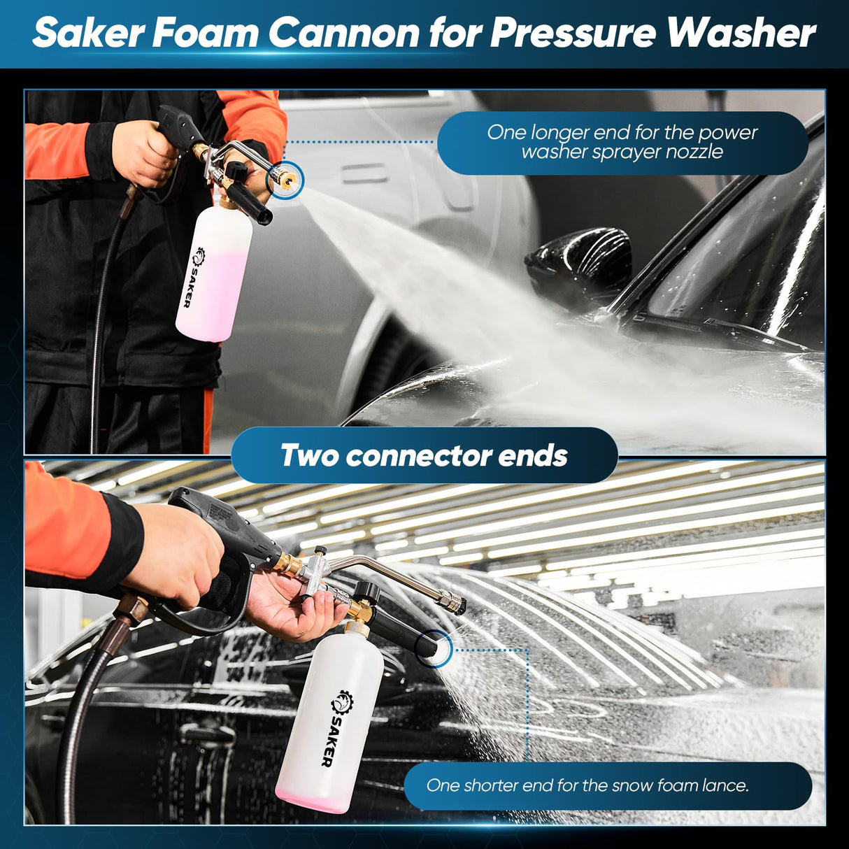 Saker Foam Cannon for Pressure Washer Kit with Foam Cannon Dual Connector Accessory,Pressure Washer Gun for Car Washing and Cleaning,5 Power Washer Sprayer Nozzles Saker