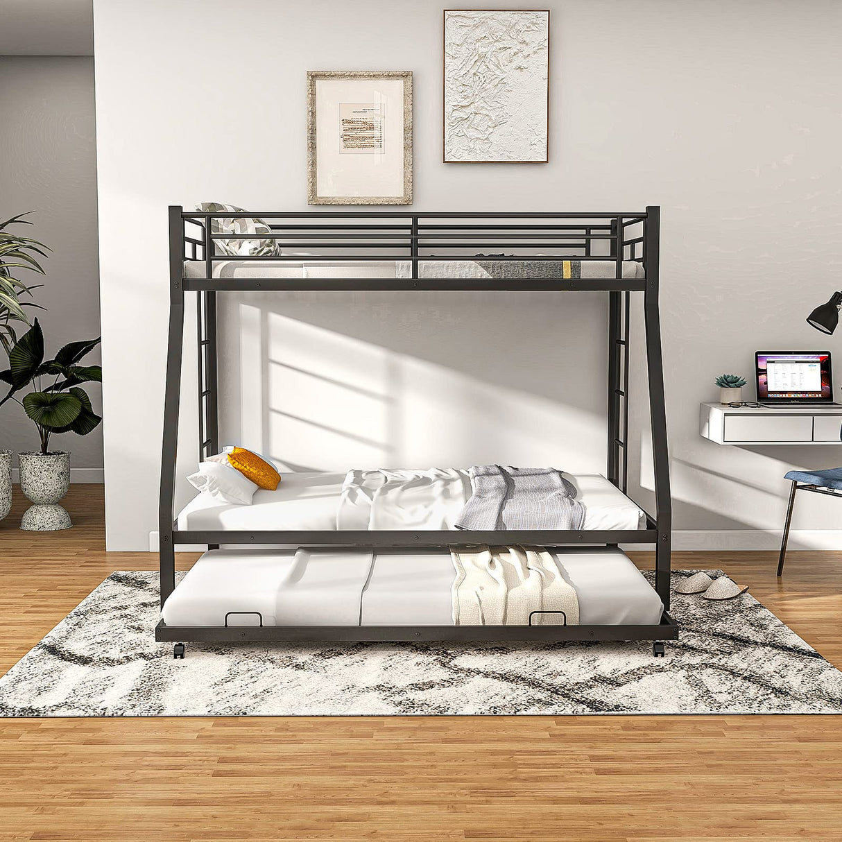 Giantex Twin Over Full Bunk Bed with Trundle, Heavy-Duty Metal Triple Bunk Beds w/Two Side Ladders & Safety Guard Rail, 3 in 1 Bunk Beds for Kids Teens, No Box Spring Needed, Black Giantex