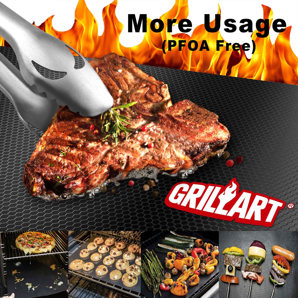 GRILLART BBQ Grill Mats for Outdoor Grill - Nonstick 600 Degree Heavy Duty Grilling Mat (Set of 2) - Reusable BBQ Grill Accessories Sheets -Works on Electric Grill Gas Charcoal BBQ - Gifts for Men Dad GRILLART