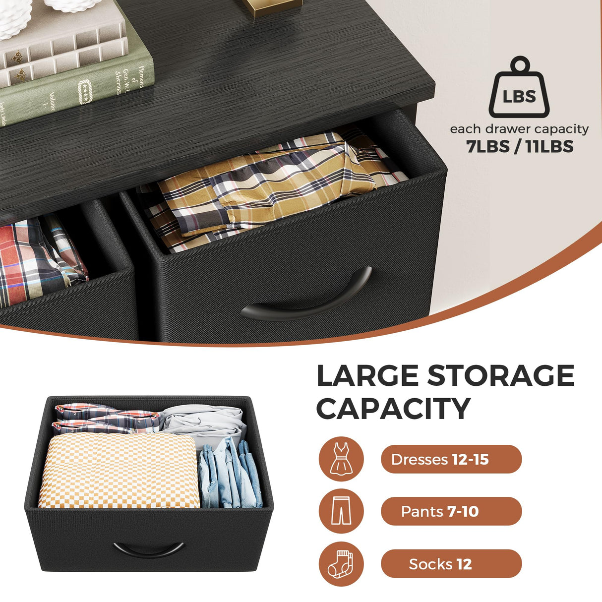 Jocoevol Fabric Dresser for Bedroom with 9 Drawers - Sturdy Steel Frame, Wooden Top & Easy Pull Chest of Drawers with Fabric Bins, Storage Organizer for Closet, Guest Room, Entryway (Black) Jocoevol