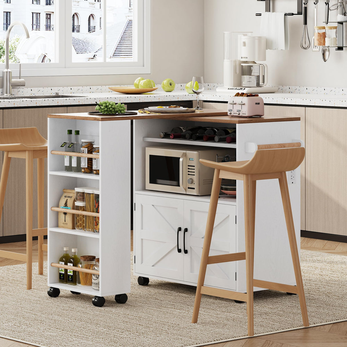 IRONCK Kitchen Island with Storage and Power Outlet, Rolling Kitchen Island on Wheels with Extendable Dining Table, Kitchen Cart with Wine Rack and 3 Open Shelves, White IRONCK