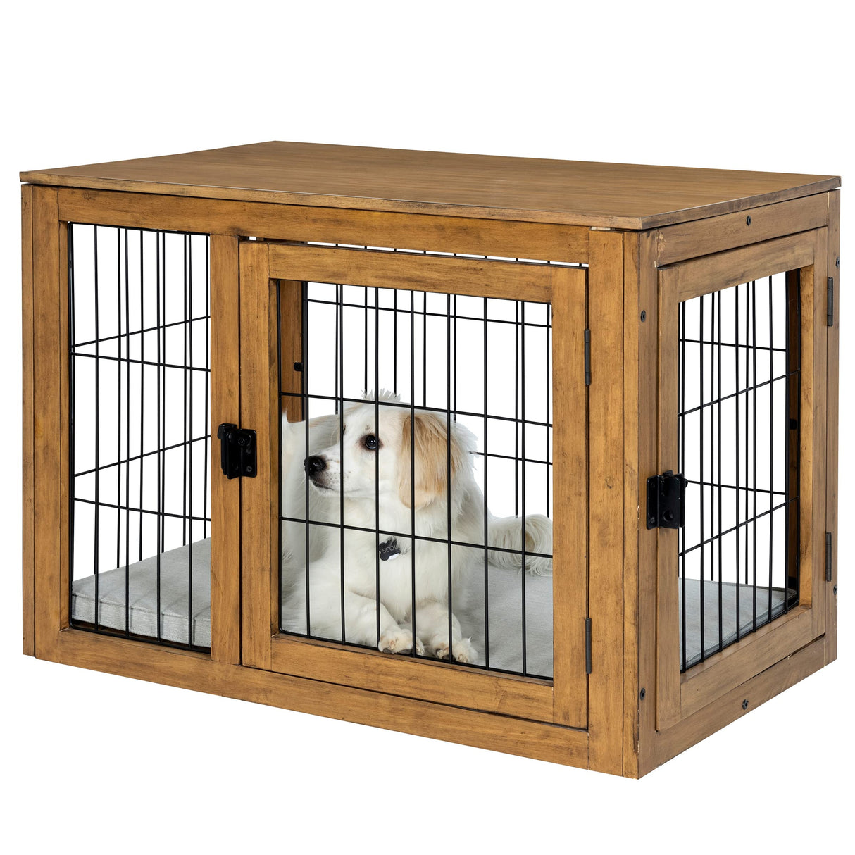 Furniture-Style Dog Crate - Acacia Wood Kennel for Medium Dogs with Double Doors and Cushion - Dog Cage Furniture by PETMAKER (Natural) PETMAKER