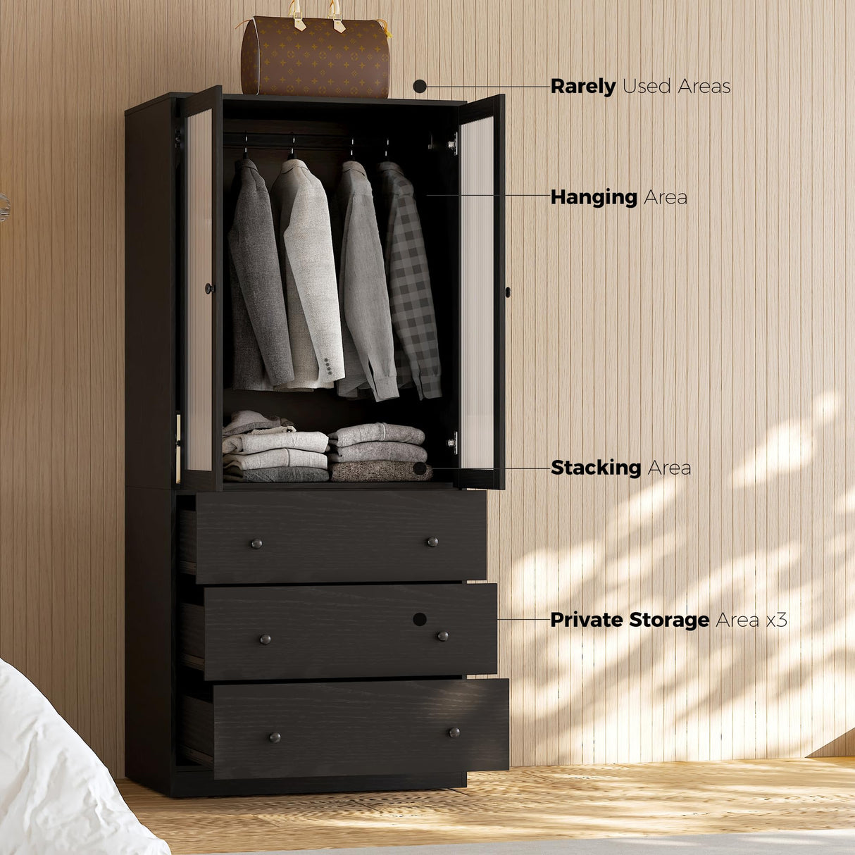 VOWNER 20“D Armoire Wardrobe Closet with Fluted Glass, 71" H Clothing Storage Cabinet with Hanging Rod, 4 Soft-Close Doors Wooden Wardrobe Cabinet for Bedroom, Large Capacity Storage Black(CCB) VOWNER