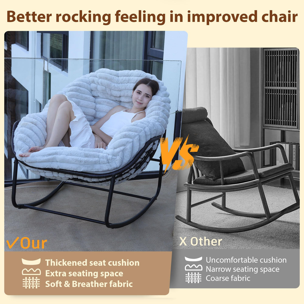 Naga Bahna Outdoor Rocking Chair, Patio Wicker Egg Chair, Indoor Comfy Oversized Papasan Chair with Padded Cushion, Royal Rattan Rocker for Front Porch, Garden, Patio (Light Grey) Naga Bahna