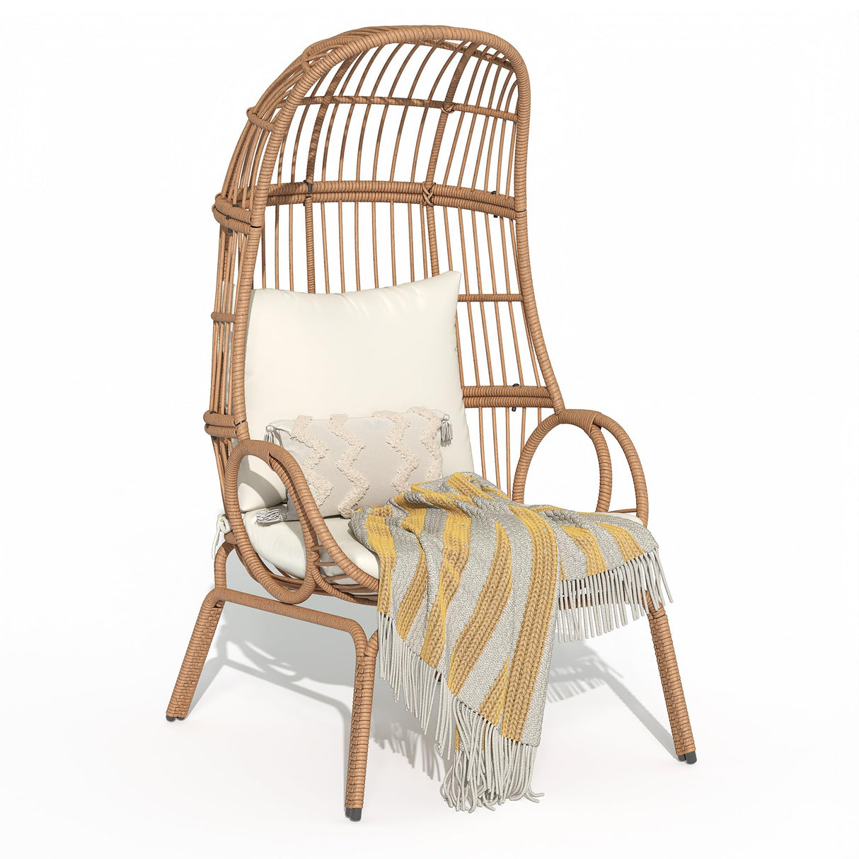 YITAHOME Outdoor Narrow Egg Chair Wicker, Patio Rattan Basket Chair with 370lbs Capacity Indoor Egg Chairs with Stand & Cushion Cocoon Chair for Bedroom, Patio, Balcony - Beige YITAHOME