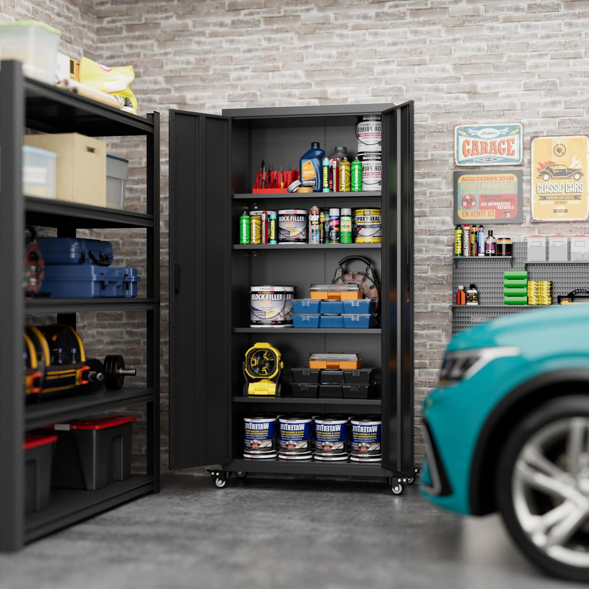 Aobabo 73''H Metal Garage Storage Cabinet with Wheels,Steel Cabinets with 2 Doors and 4 Adjustable Shelves for Home Office,Required Assembly,Black Aobabo