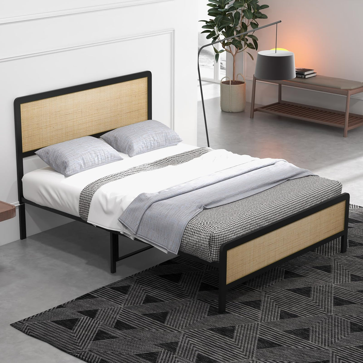 Rattan Bed Frame with Headboard and Footboard, Farmhouse Metal Platform Bed Frame Support Mattress with Strong Slats Support, Under-Bed Storage, No Box Spring Needed SLEKVERSA