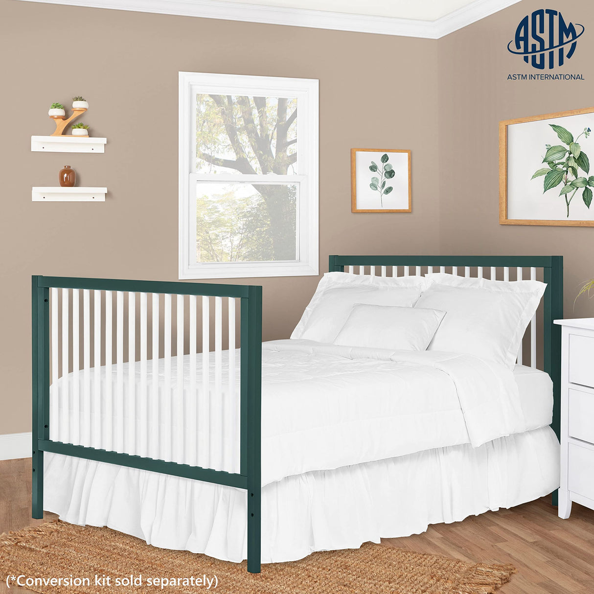 Dream On Me Carter 5-in-1 Full Size Convertible Crib / 3 Mattress Height Settings/JPMA Certified/Made of New Zealand Pinewood/Sturdy Crib Design, Olive & White Dream On Me