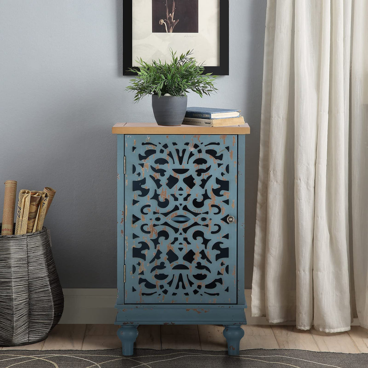 Sophia & William Accent Cabinet Small with Single Door, 31.5" Tall Side End Table, Distressed Nightstand with Wooden Frame and Hollow Carved Door, Blue, 1-Door Sophia & William