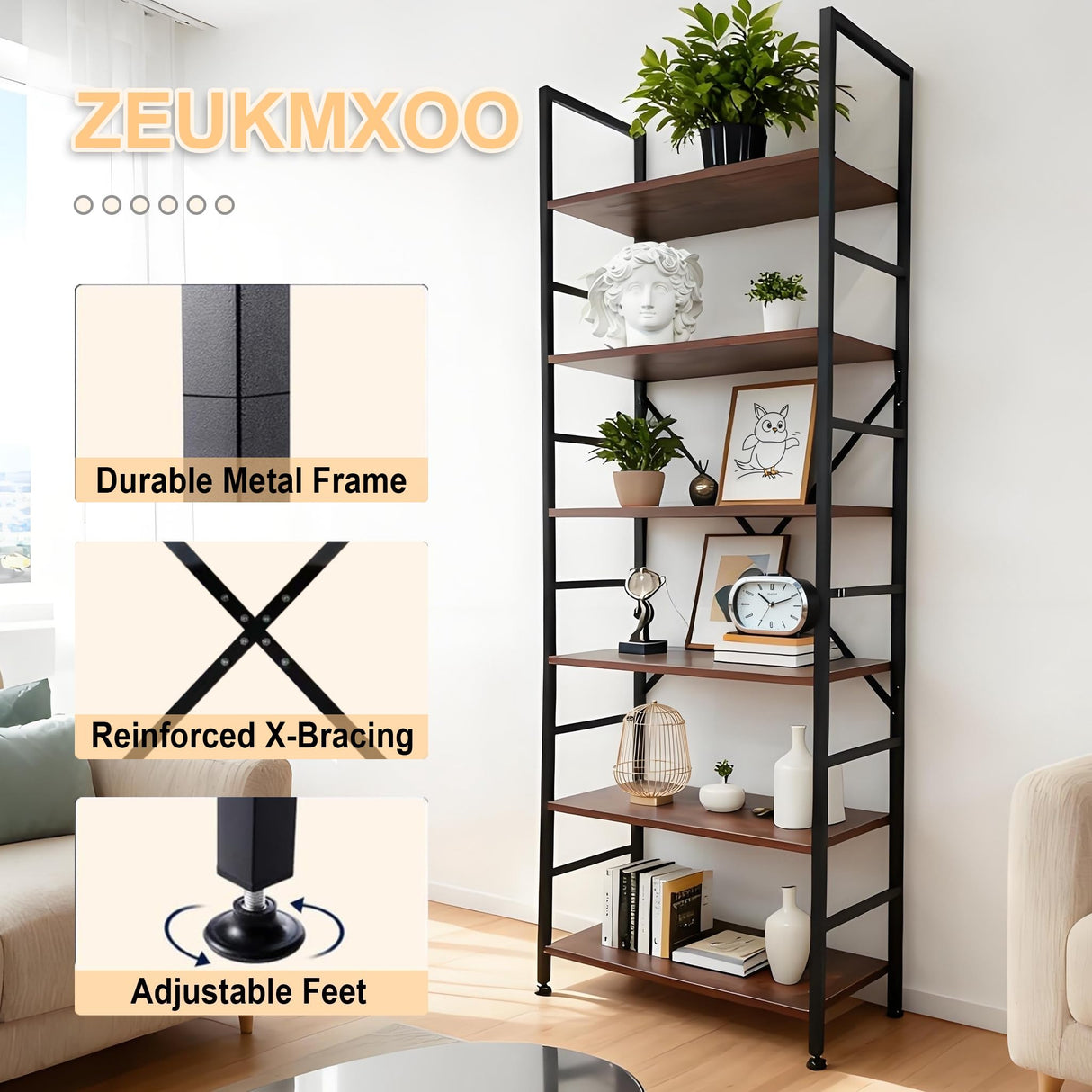 ZEUKMXOO Book Shelf,6 Tier Bookshelves,Industrial Wood Bookcase,72" H Ladder Bookshelf,Home Office Bookcase Shelf Storage Organizer,Ladder Shelf for Bedroom,Living Room ZEUKMXOO