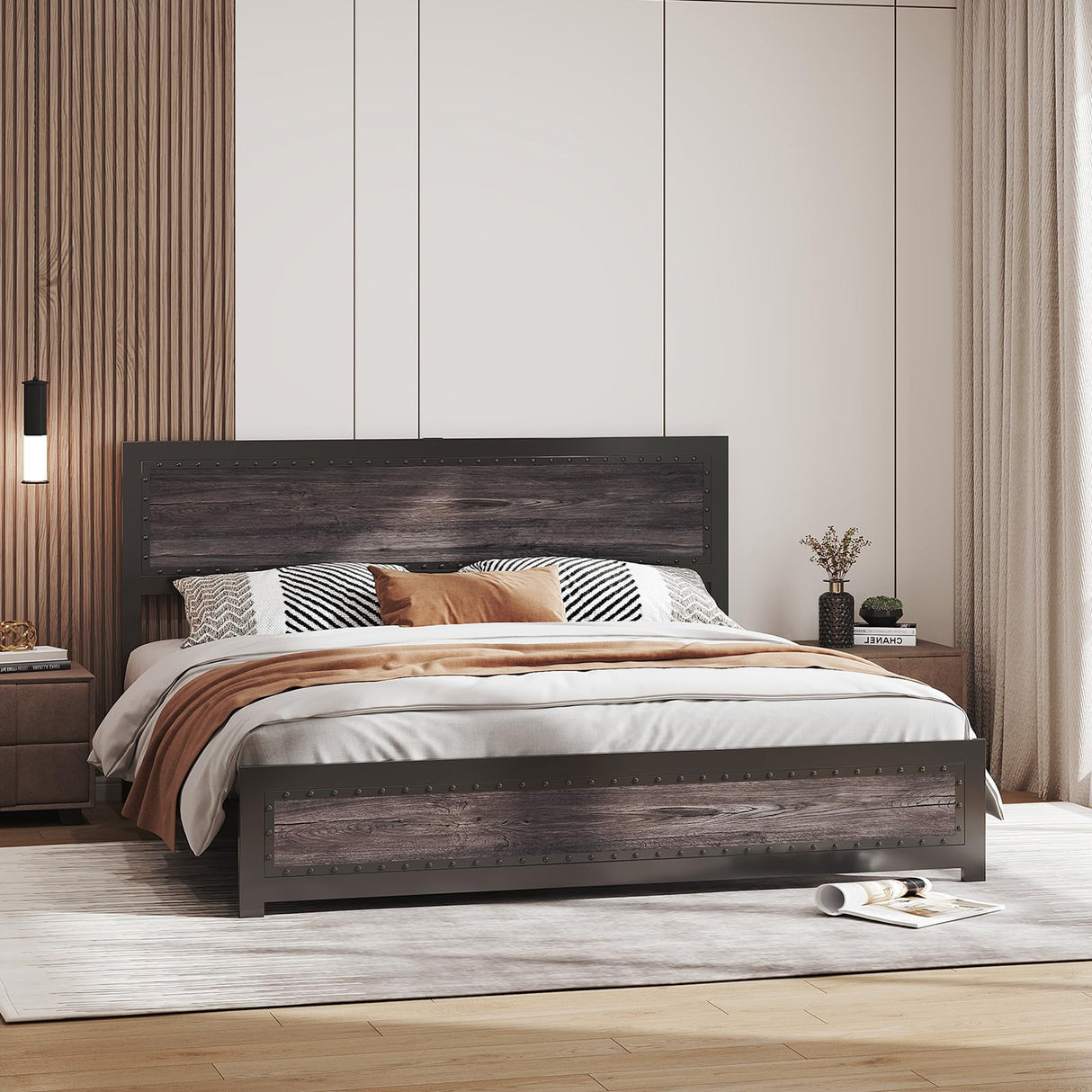 Curtainboro King Size Bed Frame with Charging Station, Bed Frames with Modern Industrial Wood & Rivet Design, No Box Spring Needed, Quick 15-Min Assembly Curtainboro