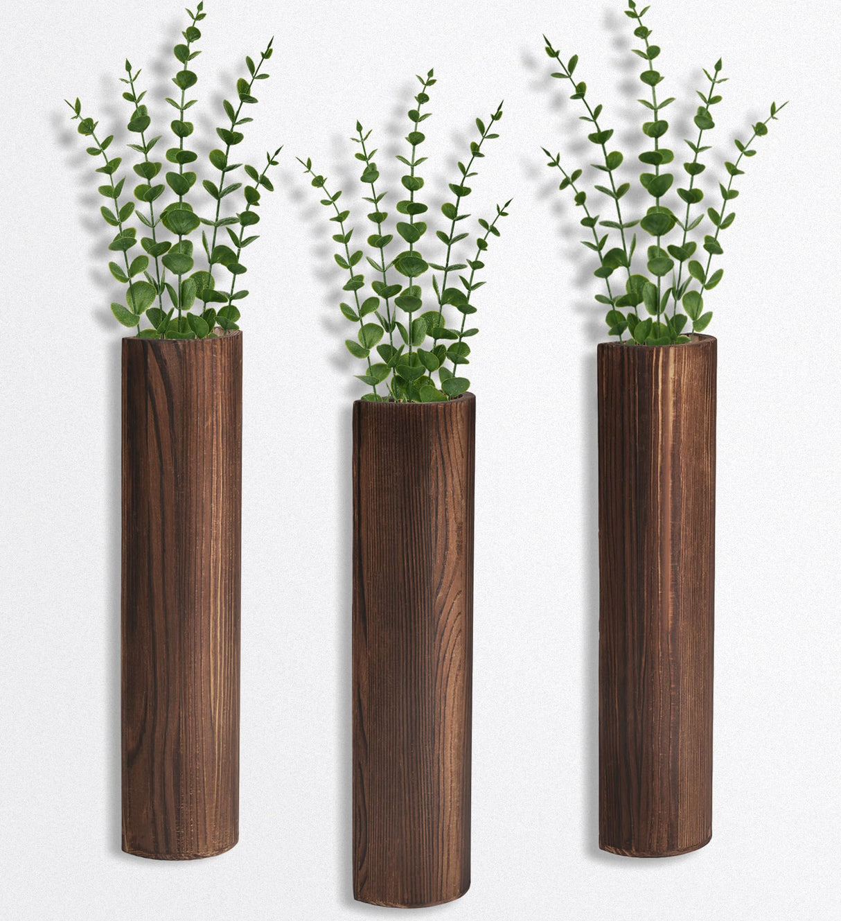 Fttoyoly 3 Pack Wood Wall Planter with Artificial Eucalyptus, Modern Wall Decor for Living Room Bedroom Bathroom Entryway, Farmhouse Boho Wall Vases for Dried Flowers and Faux Plants Fttoyoly