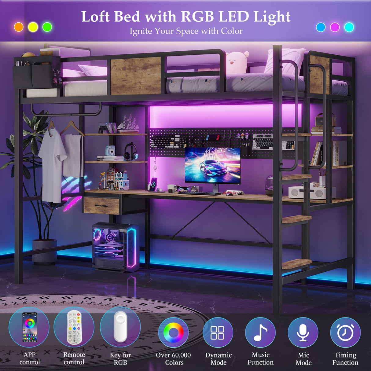 Dnxao Loft Bed Twin Size with Desk,Twin Loft Bed with Storage Organizer,LED Lights and Charging Station, Bunk Bed with Desk, Space Saving, Noise Free, No Box Spring Needed,Rustic Brown Dnxao