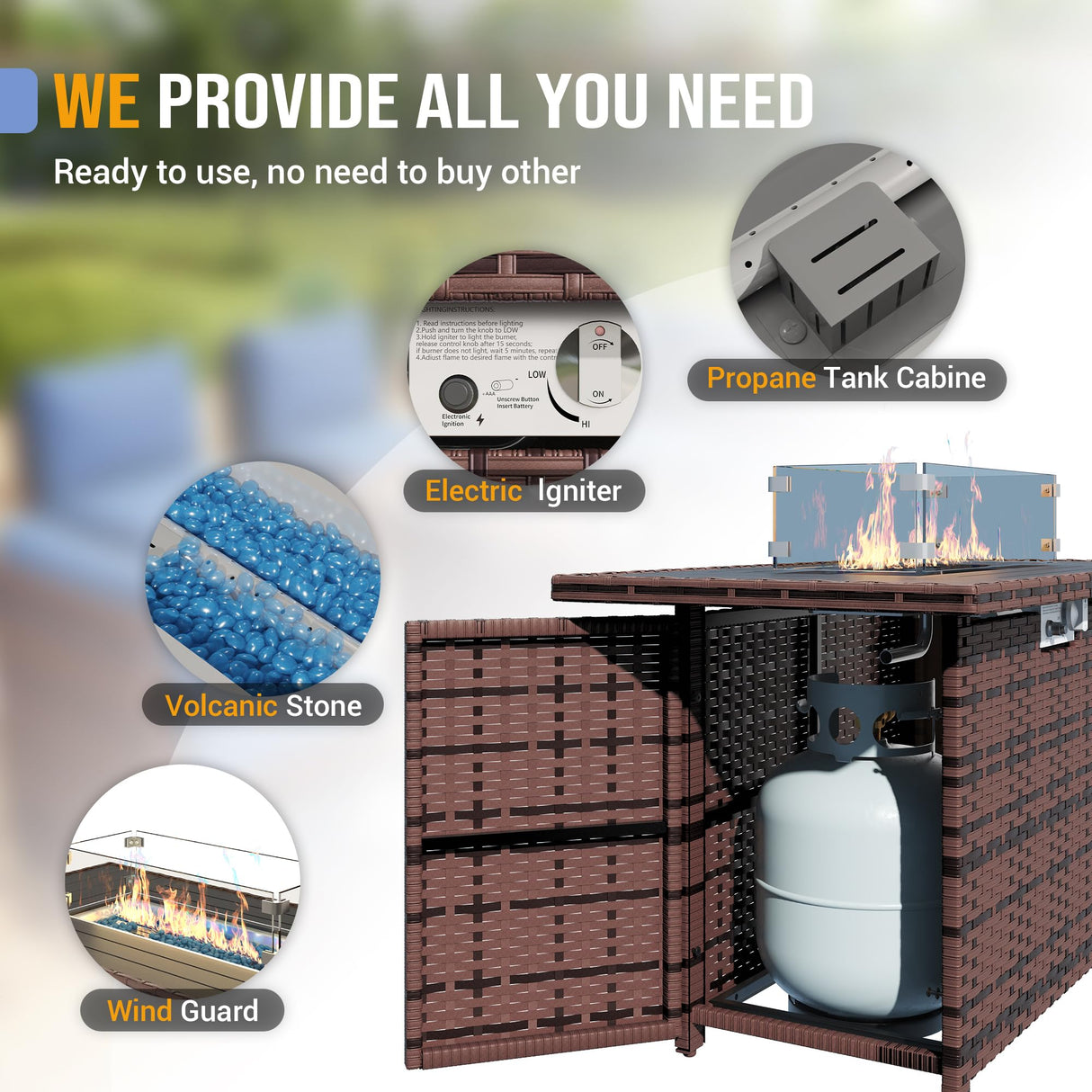 Poteban Outdoor Patio Furniture Set with 44" Fire Pit Table 8 Pieces Rattan Patio Sectional Sofa Conversation Set w/55000 BTU Propane Gas Fire Pit, Coffee Table, 2 Waterproof Covers, Orange Poteban