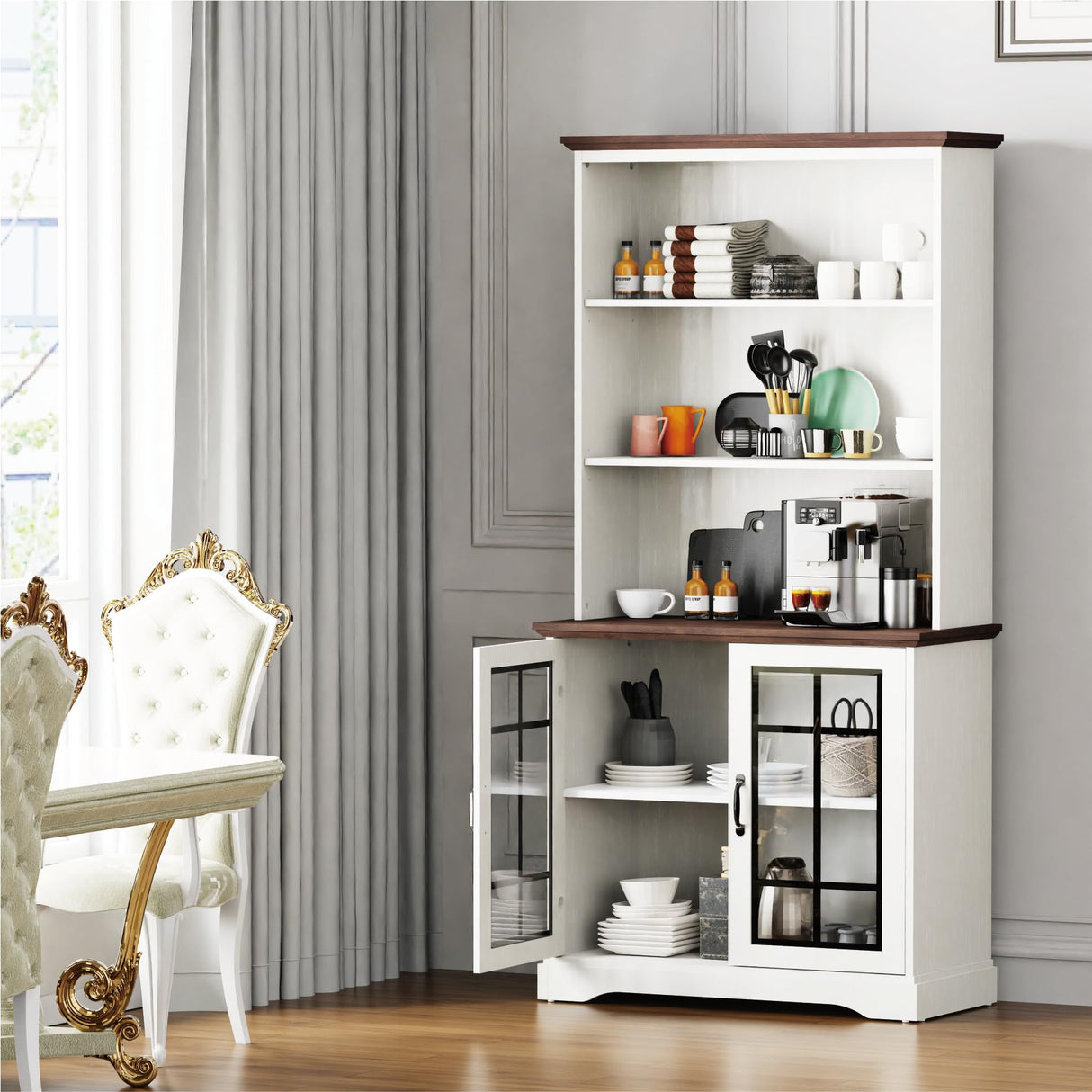 5-Shelf Tall Bookcase with Glass Doors in White - Stylish and Spacious Storage for Home or Office blini