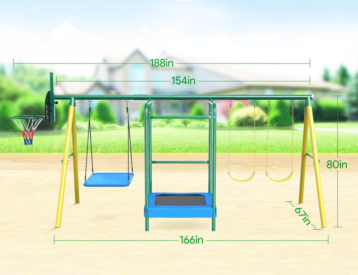 Vibemo Swing Sets for Backyard, 5-in-1 Outdoor Swing Set, 660 lbs Heavy Duty Extra Large Metal Kids Swing Sets with Trampoline, Platform Swing, 2 Swings and Basketball Hoop Vibemo