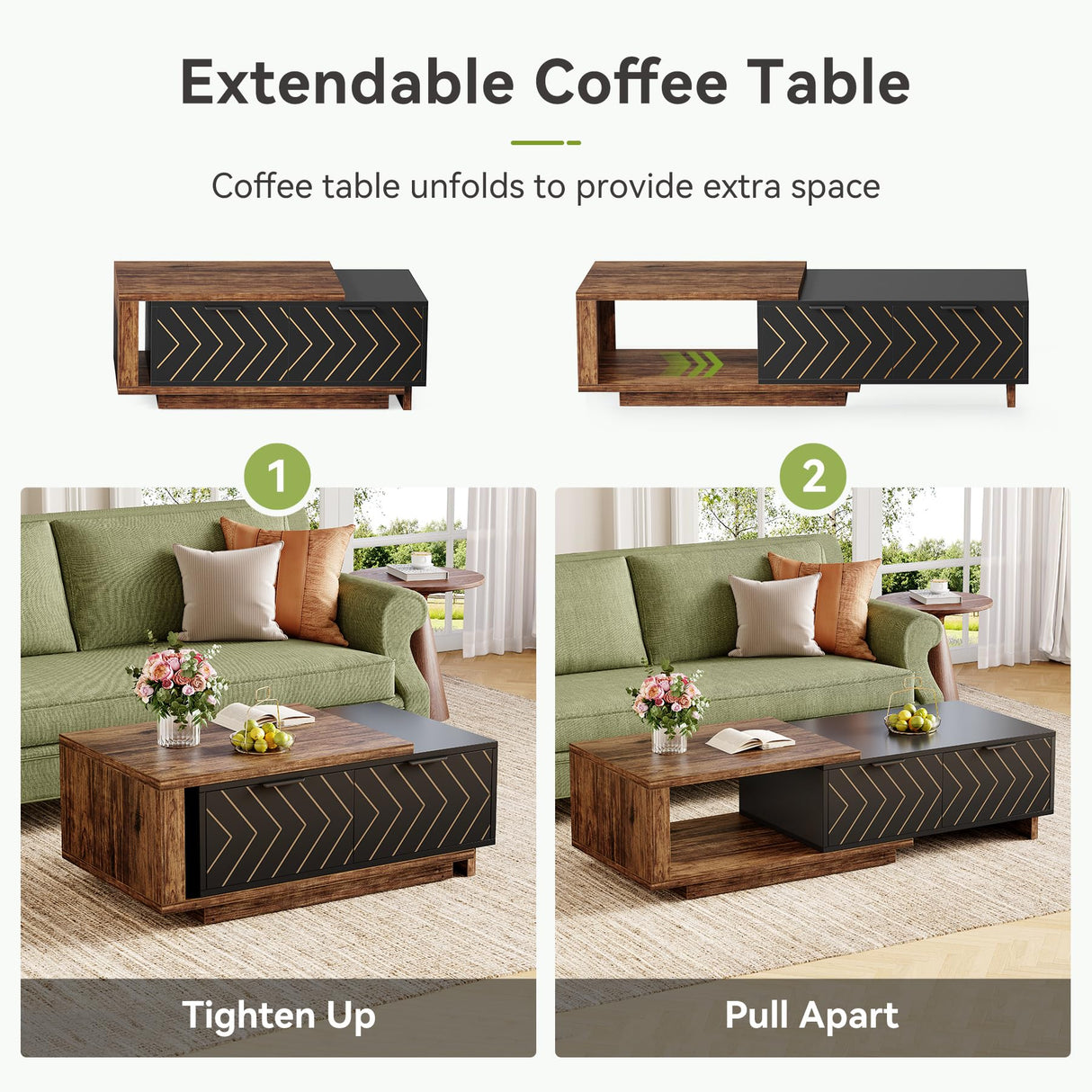 LITTLE TREE Expandable Wooden Coffee Table with 2 Drawers, Space-Saving Rectangular Farmhouse Center Table, Perfect for Living Room and Office, Brown and Black LITTLE TREE