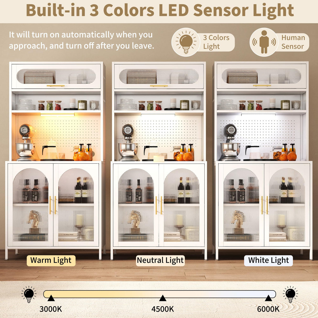 BECHEAO 66" Tall Kitchen Pantry Cabinet with LED Sensor Light, 5 Tier Metal Food Storage Cabinet with Adjustable Shelves, Hutch Cabinet Rack for Kitchen Living Dining Room, White BECHAEO