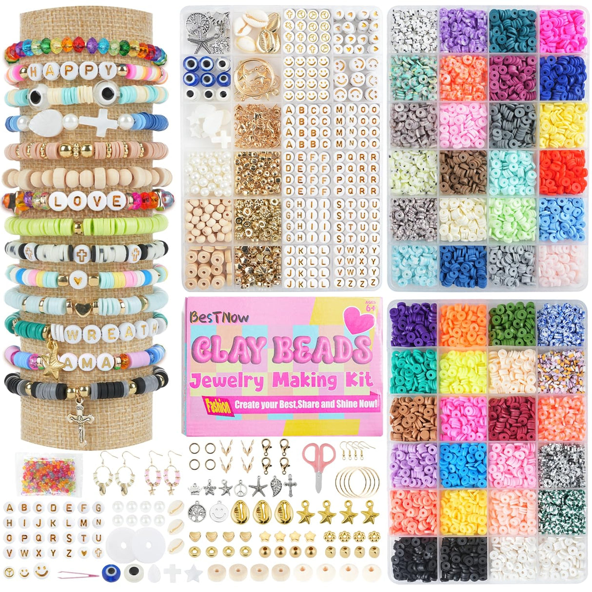 BestNow Clay Beads 3 Boxes Bracelet Making Kit Heishi Beads for Jewelry Making Round Letter Beads with Charm Elastic Strings Friendship Bracelets Holiday Arts and Crafts Gifts for Girls Adults BestNow