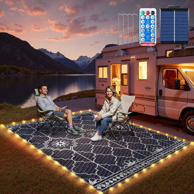 6x9Ft Outdoor Rug, Solar Powered Outdoor Rug with 94LEDs Strip Lights for House Deck, Waterproof Plastic Reversible Outdoor Straw Rugs, Rugs Mat RV Camping Patio Beach Balcony Picnic (Blue White)