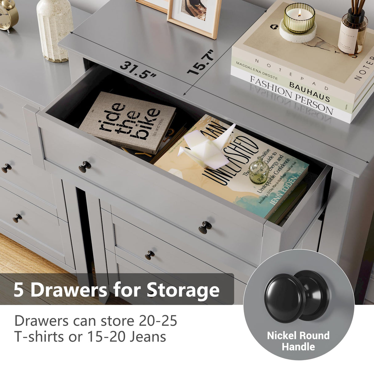 GarveeHome 5 Chest of Drawer Dresser, Modern and Stylish Dresser, Deep Drawers and Nickel Round Handle, Wood Storage Organizer with Ample Storage Space for Bedroom, Living Room, Entryway, Grey GarveeHome