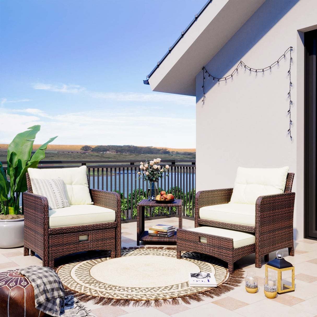 Pamapic 5 Pieces Outdoor Patio Wicker Chairs Set with Ottoman, Outside Conversation Furniture Set with Cushions and Coffee Table for Balcony Porch Lawn Garden (Cream Cushion+ Umber Rattan) Pamapic