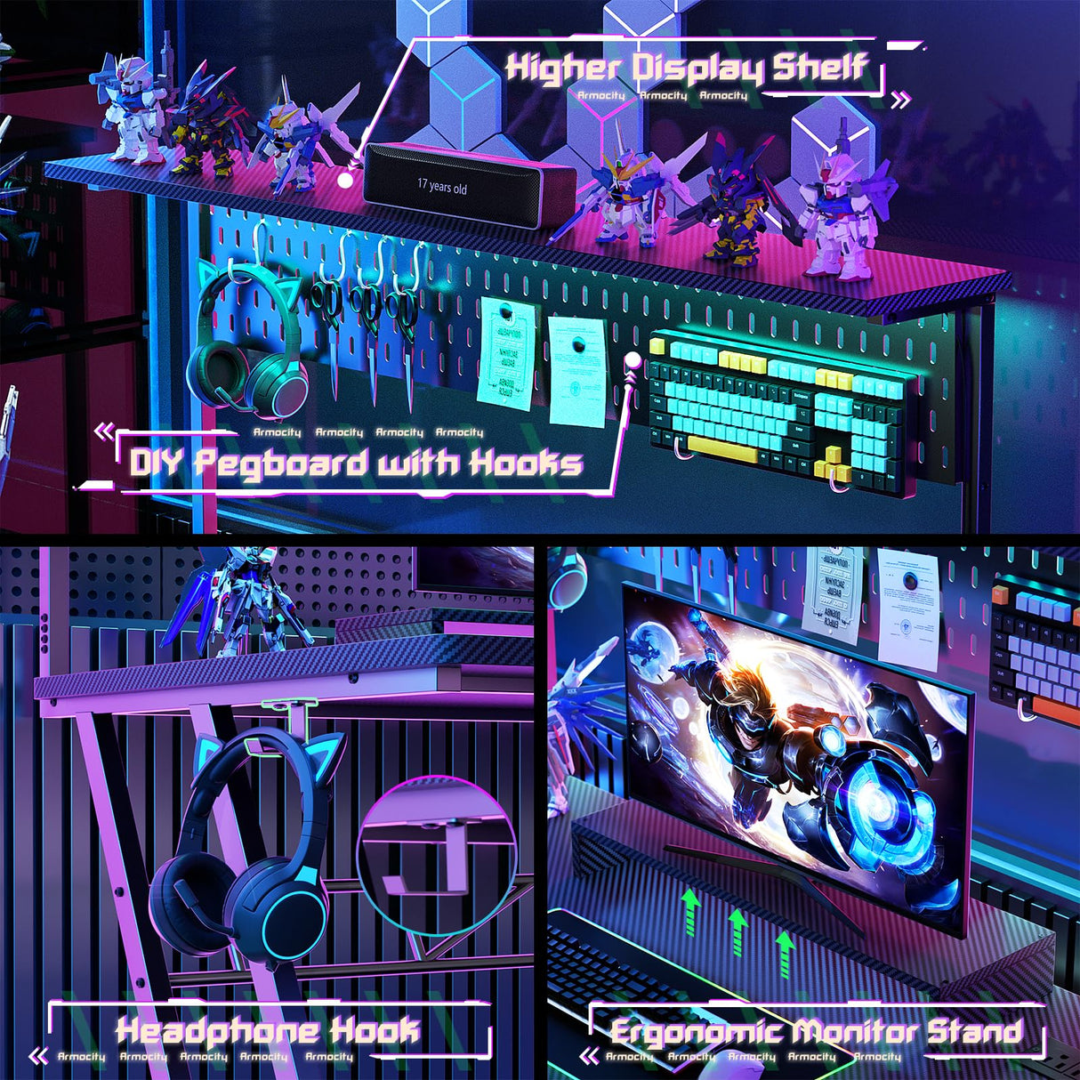 Gaming Computer Desk with Power Outlets, Gaming Desk with Hutch and LED Lights, Reversible PC Gaming Desk with Pegboard, Carbon Fiber Black, 47" armocity