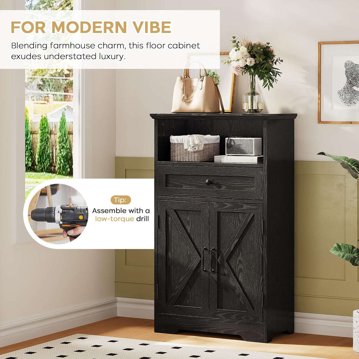 Viroformo Floor Cabinet, Farmhouse Storage Cabinet with Barn Doors and Drawer, 11.81" D x 23.62" W x 39.37" H Black Freestanding Adjustable Shelf Organizer for Bathroom, Kitchen, Living Room Viroformo