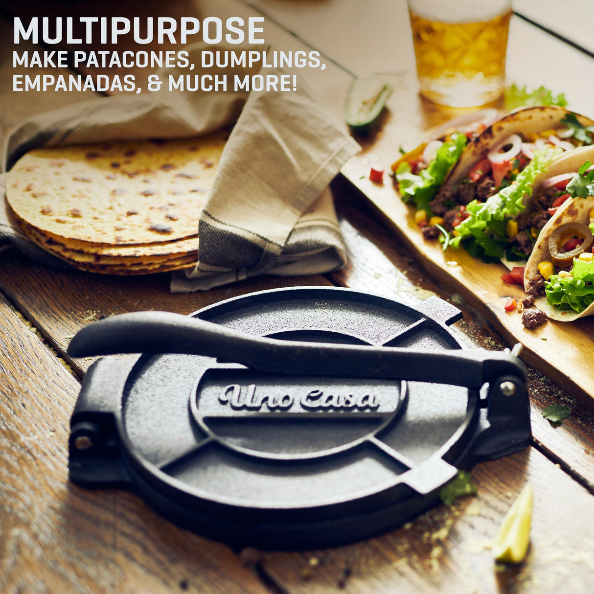Uno Casa Tortilla Master Kit - Tortilla Press 8 Inch with Comal Pan, 4 Taco Holders, and Tortilla Warmer - Complete Taco Tuesday Kit, Rotis, and Quesadillas - Unique Gift for Friends and Family Uno Casa