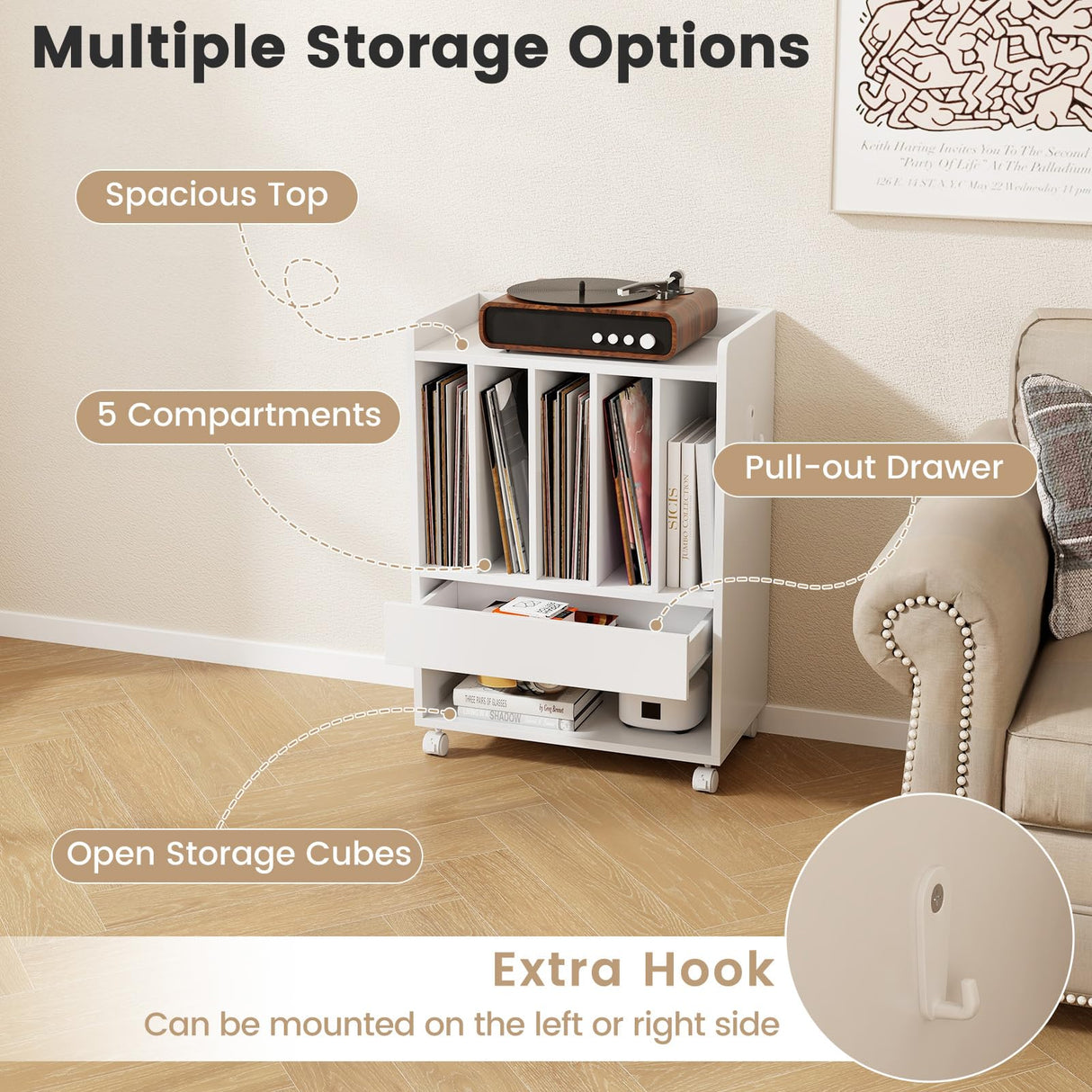 LOKO Record Player Table on Wheels, Turntable Stand with Pull-Out Drawer & Open Shelf, Rolling Storage Cabinet, Vinyl Record Display Rack Holds Up to 180 Albums, for Living Room Bedroom Study (White) LOKO