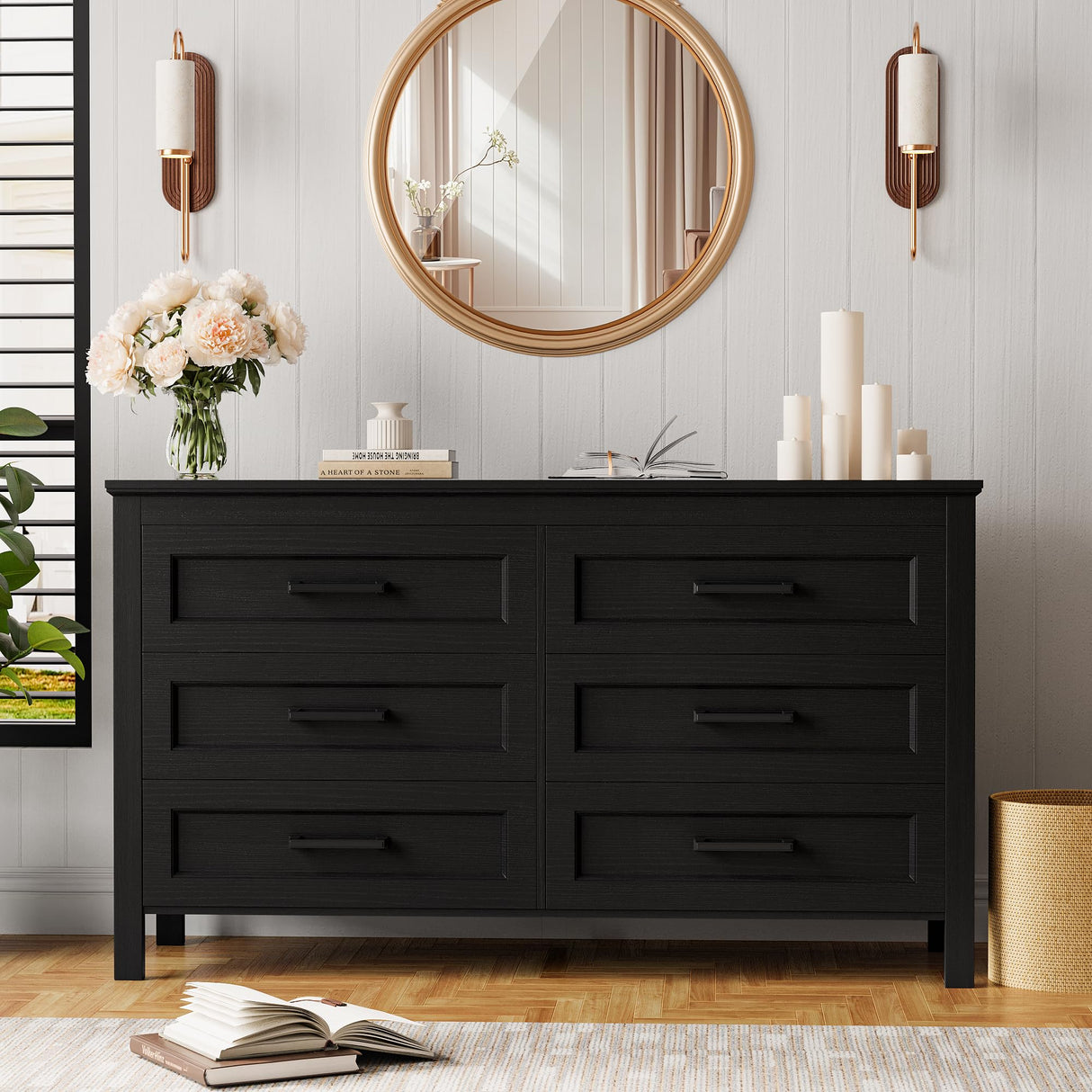 YESHOMY Black Dresser for Bedroom, Wooden 6 Drawer Dresser, Closet Storage Organizer Chest of Drawers for Living Room, Hallway, Closet