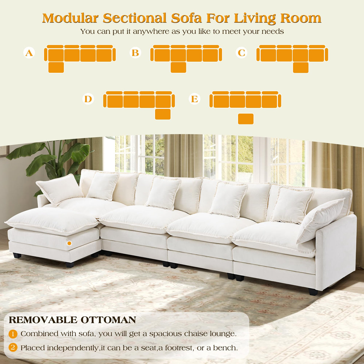 149.2" Modular Sectional Sofa,L Shaped Couch for Living Room,Modern Deep Seat Sofa 4 Seater Chenille Fabric Comfy Cloud Couches with Throw Pillows & Movable Ottoman Hanherry