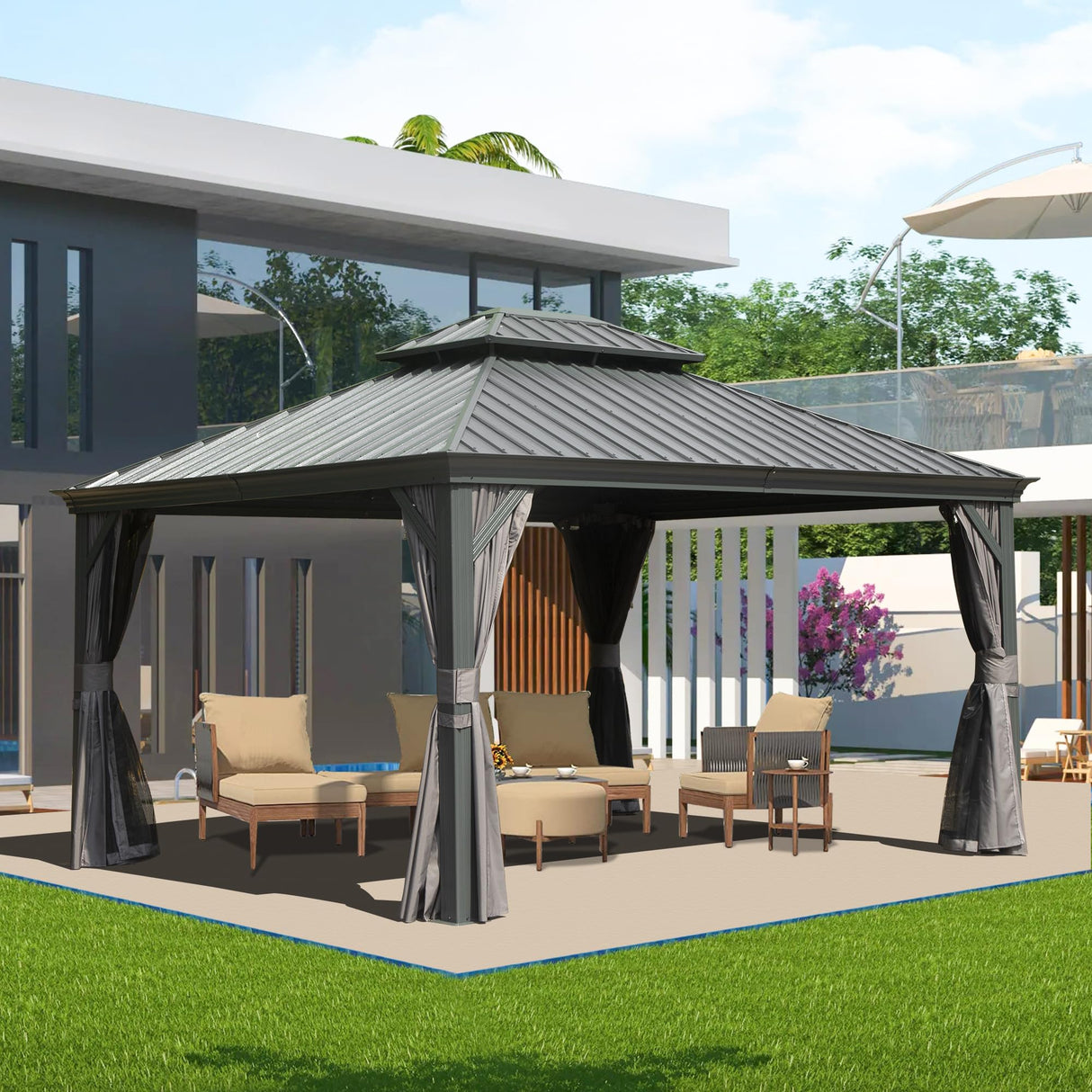 Domi 10x14FT Hardtop Gazebo, Permanent Outdoor Gazebo with Galvanized Steel Double Roof and Aluminum Frame, Curtain and Netting, Pavilion Gazebo for Patio Deck Garden, Grey domi outdoor living