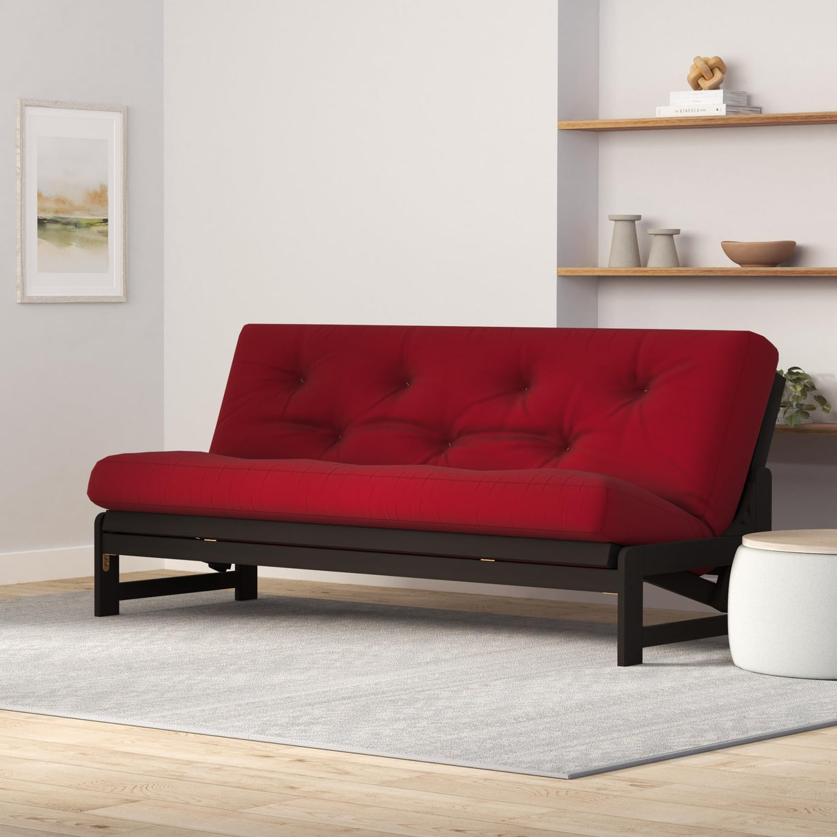 Arden Futon Set in Dark Espresso (Warm Black Finish) - Full or Queen Size, Armless Wood Futon Frame with Mattress Included (Twill Red), Space Saving Sofa Bed Sleeper Nirvana Futons