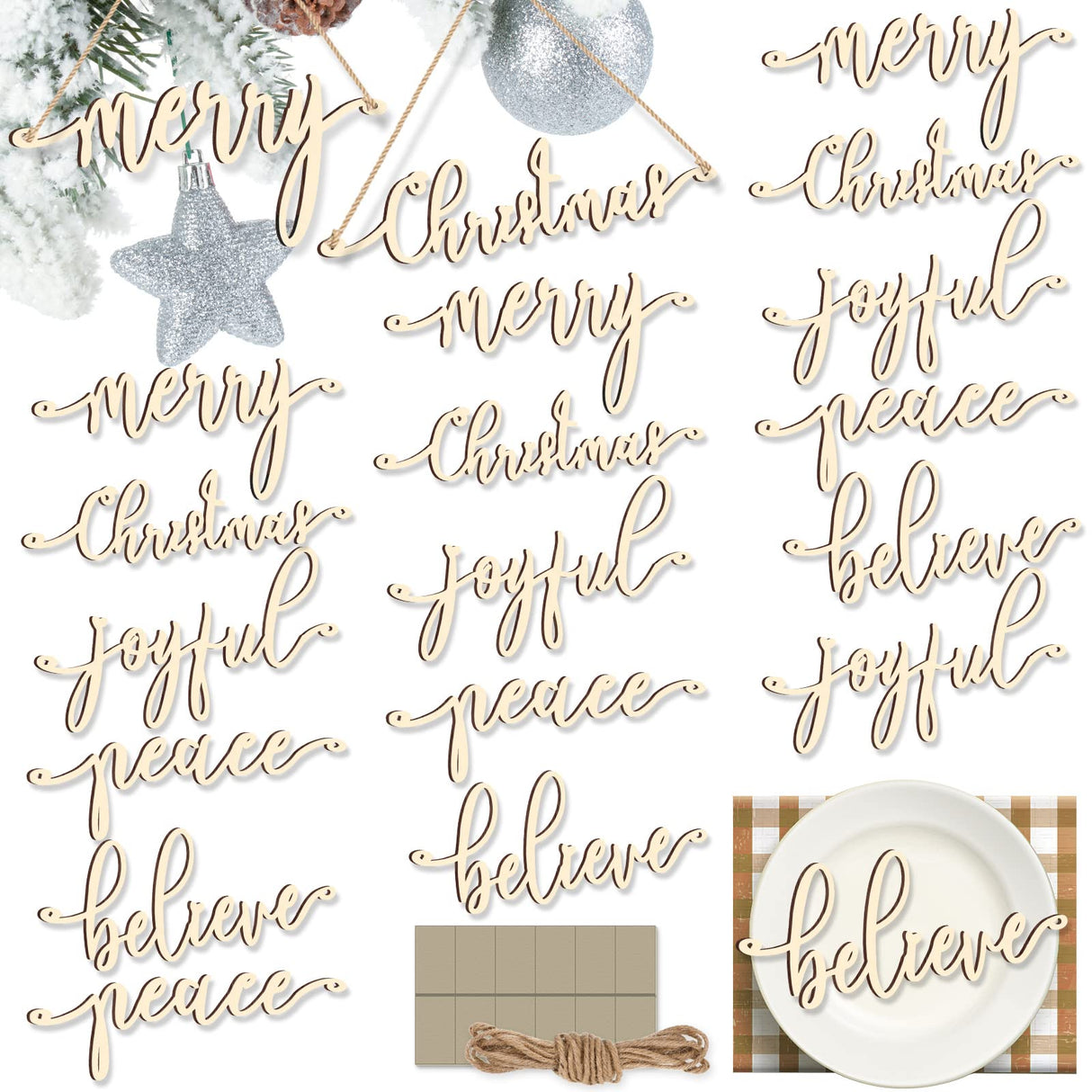 20 Pcs Merry Christmas Sign Xmas Wooden Cutout Letter Plate Ornaments Rustic Merry Sign Christmas Wooden Sign Table Decors Joyful Peace Believe Cutout Plates Ornament for Home Christmas(Burlywood) Jetec