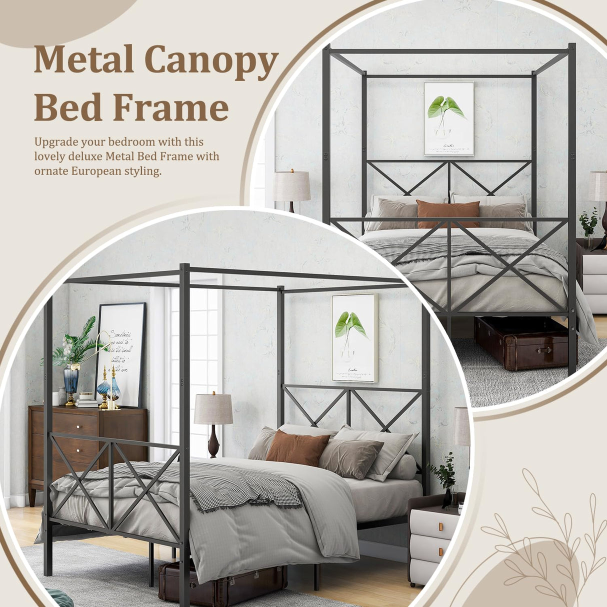 Full Canopy Bed Frame, Metal Canopy Beds with 4 Poster Design and Geometric Accented Headboard and Footboard, No Box Spring Needed, Underbed Storage Space HomJoones