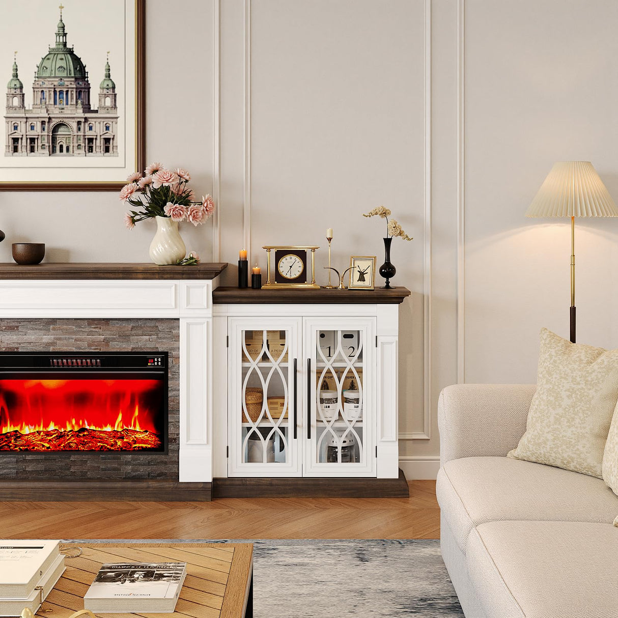 HolliWill 60 inch Farmhouse Buffet Sideboard Cabinet with 4 Glass Doors, Coffee Wine Bar Storage Cabinet, Buffet Table with Adjustable Shelves for Dining Room, Kitchen, Living Room HolliWill