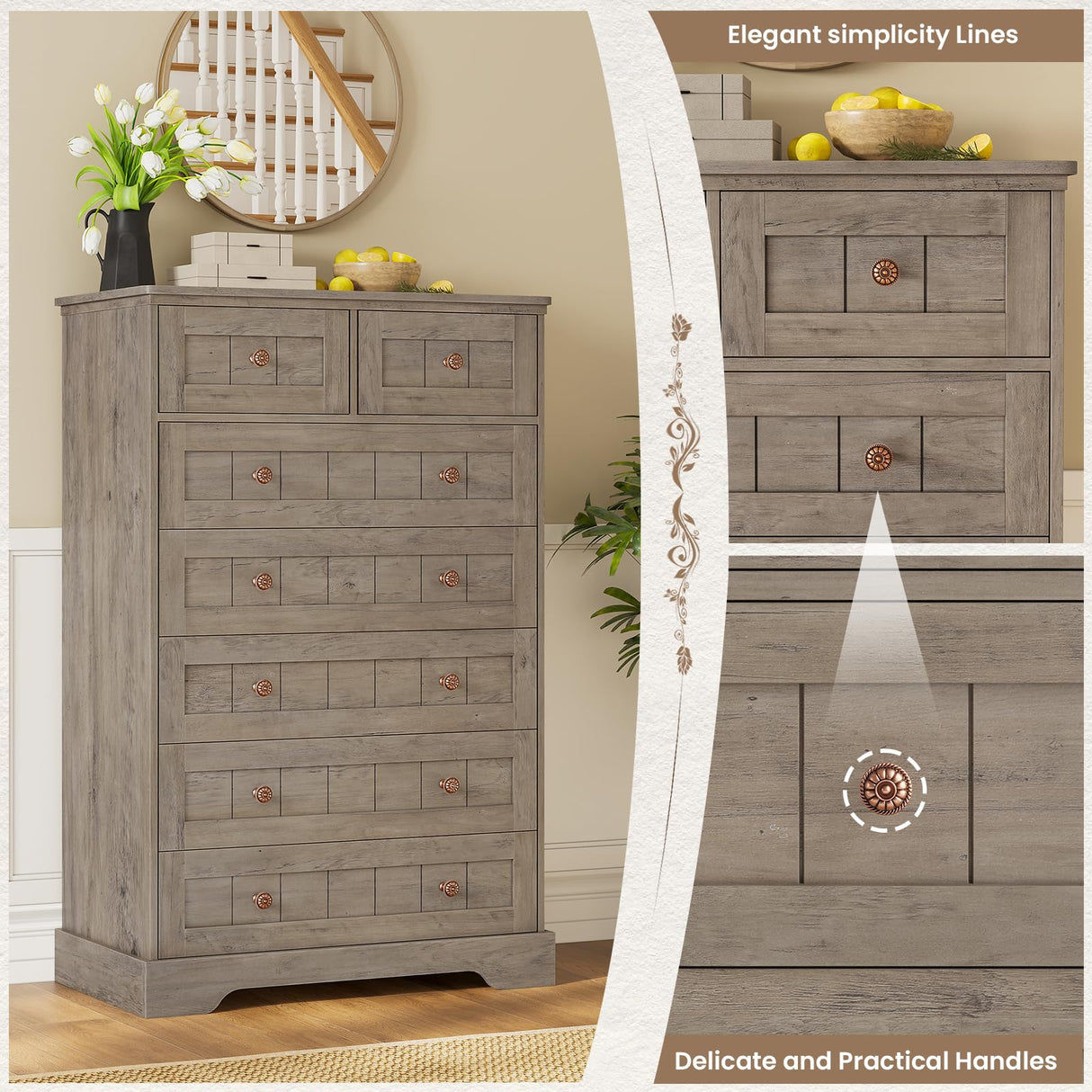 Hasuit Farmhouse Dresser for Bedroom, 7 Drawers Dresser, 51.4"Tall Dressers Chest of Drawers with Hand Carved Panel, Large Wood Closet Storage Organizer Rustic Dressers for Bedroom Living Room Hallway Hasuit
